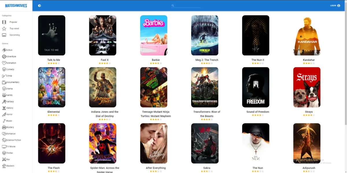 My React website front page popular movies